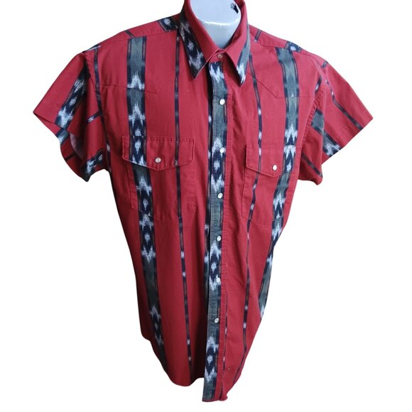 Large Vintage 90's Wrangler Western Shirt Red Stripe Ikat Print Cowboy Honduras - Picture 2 of 7